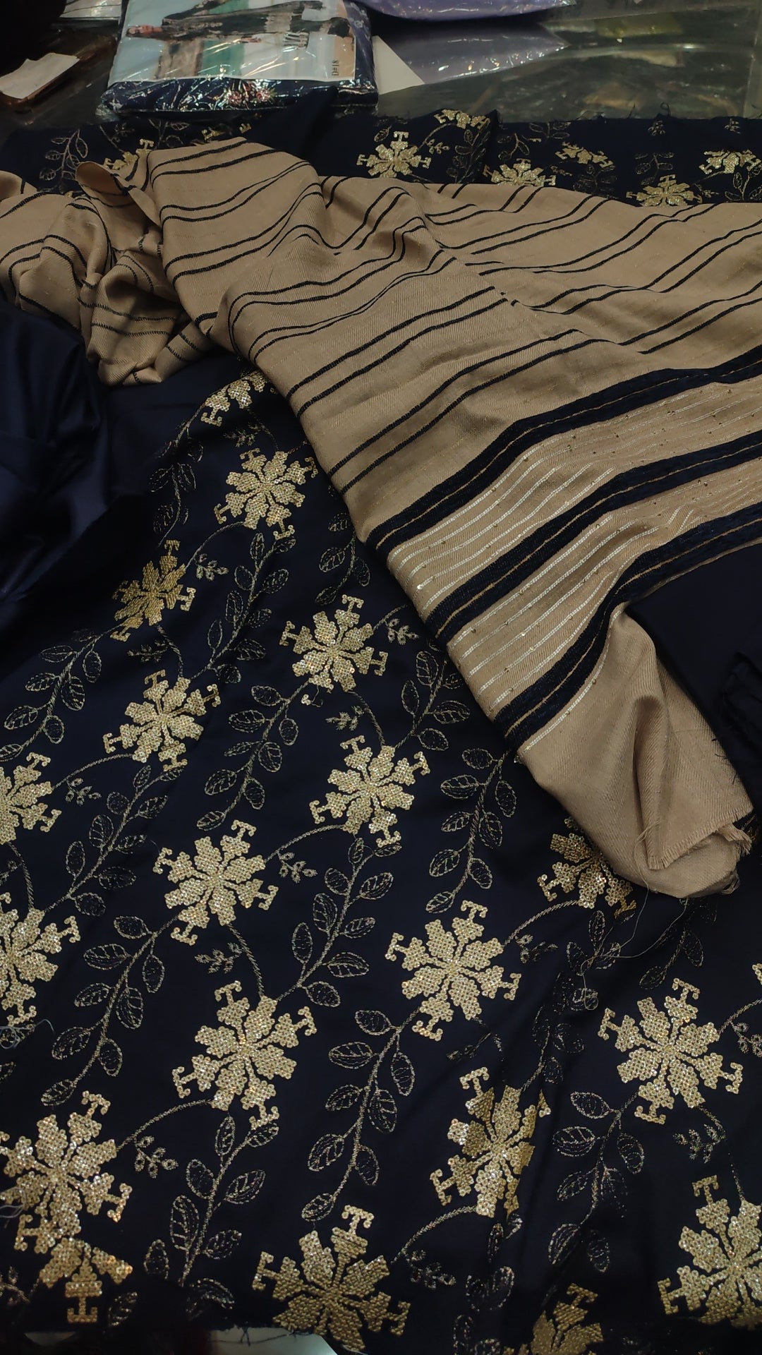 3pc strips velvet line blue dhankh